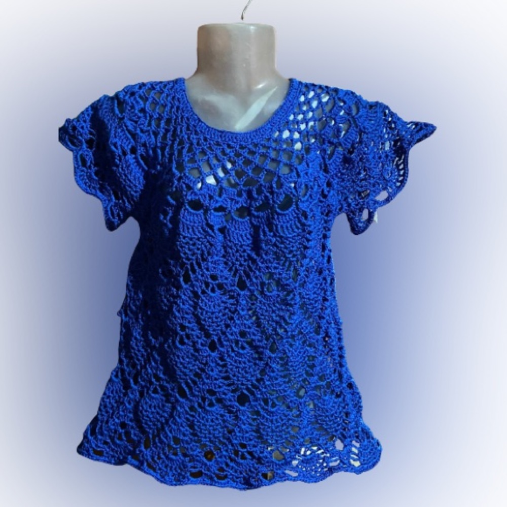 Crocheted Handmade Cotton Thread Pullover Top for Woman - Blue, Large Size - Picture 1 of 8